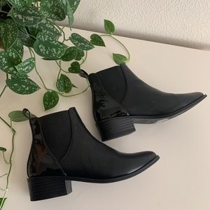 Black patent leather point toe ankle chelsea boots